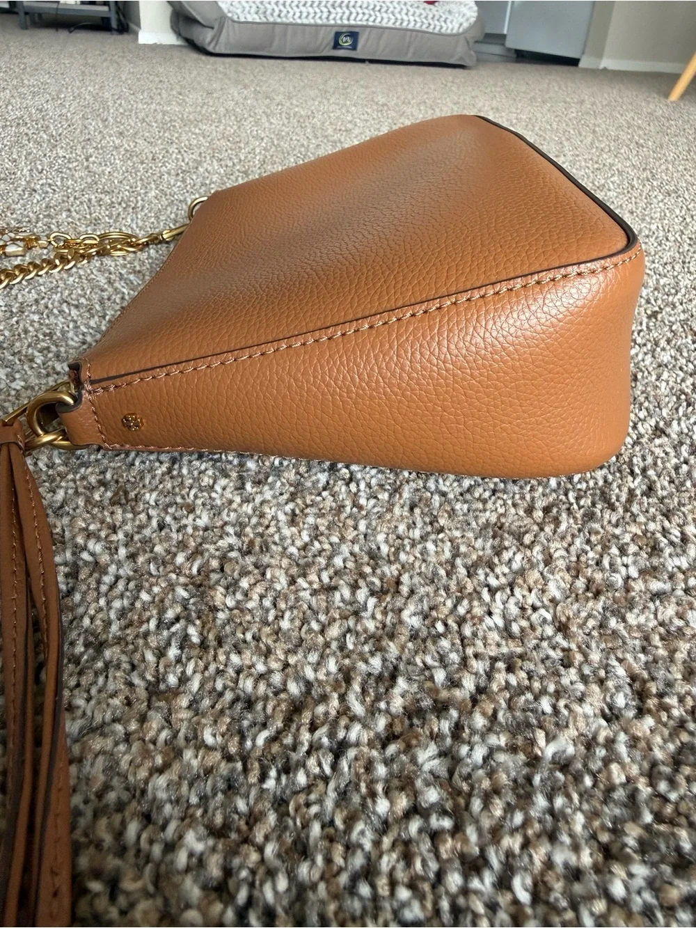 Tory Burch Brown Pebbled Leather Crossbody with Gold Chain